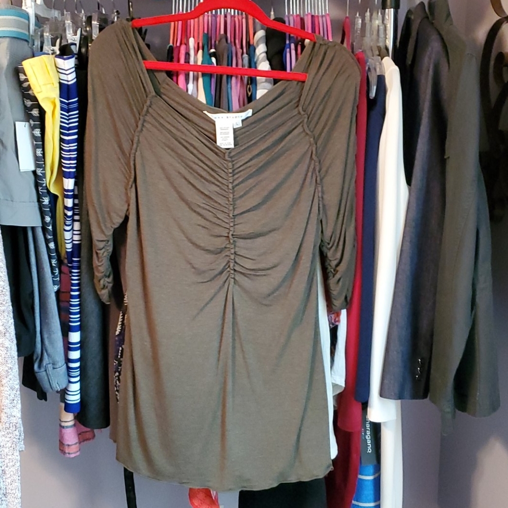Max Studio off-the-shoulder army green t-shirt